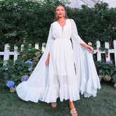 Elegant V Neck Super Long Sleeve Waist Tight Beach Vacation Long Bohemian Large Swing